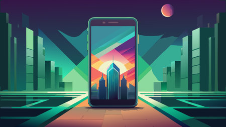 Vibrant flat vector artwork in tech greens and silvers with uniform lighting and bold centered composition against negative space. Futuristic mood enhances modern digital aesthetics for versatile use in tech promotions, app , website headers, and branding materials. Ideal for mobile industry professionals seeking clean, eye-catching grap. AI-generated vector illustration. AI-generated illustration.のイラスト素材