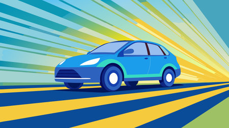 A creative digital illustration depicting Flat vector style electric car speeding forward centered boldly with negative space background, bold vector illustration, electric blue and yellow hues, glossy flat lighting, dynamic eco-friendly mood. This AI-generated artwork features unique visual elements suitable for various commercial and editorial applications. AI-generated illustration.のイラスト素材