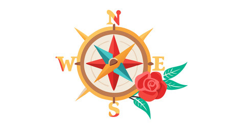 Vibrant flat design artwork evoking adventure and discovery through bold geometric shapes, rich bronze and red tones, and glowing accents. Perfect for travel branding, navigation graphics, outdoor apparel designs, and promotional materials targeting explorers and adventurers. Clean lines and scalable format ensure high versatility in digital and pr. AI-generated vector illustration. AI-generated illustration.のイラスト素材