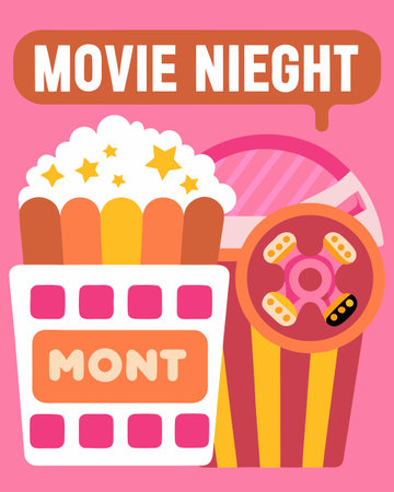 Energetic flat vector artwork with bold centering, vibrant hues, and subtle cinematic glow for an entertaining nostalgic vibe. Perfect for cinema promotions, film event flyers, social media ads, party banners, and entertainment materials targeting audiences in the leisure industry. Scalable design ideal for both digital screens and print applications. . AI-generated vector illustration. AI-generated illustration.のイラスト素材