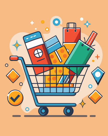 Vibrant vector artwork in modern flat style with bold icons, flat lighting, and ample negative space for dynamic promotional layouts. Captures a joyful shopping mood perfect for e-sales posters, retail banners, web graphics, and campaigns. Ideal for businesses targeting online shoppers with versatile, eye-catching designs. . AI-generated digital illustration. AI-generated vector illustration. AI-generated illustration.のイラスト素材