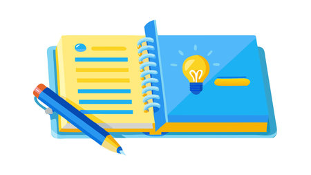 Vibrant modern flat vector graphic with clean centered composition, blues and yellows palette, and ample negative space for dynamic visual flow. Inspirational flat lighting creates a creative and studious mood, ideal for educational materials, productivity graphics, motivational posters, office branding, and digital stationery designs. Suited for designers, e. AI-generated vector illustration. AI-generated illustration.のイラスト素材