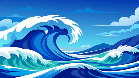 This modern flat vector design showcases bold, dynamic compositions with oceanic blues and crisp whites, blending powerful energy and tranquil serenity through centered focus and even lighting. Perfect for applications like nautical branding, beach resort promotions, summer apparel graphics, website banners, and marine-themed merchandise targeting . AI-generated vector illustration. AI-generated illustration.のイラスト素材