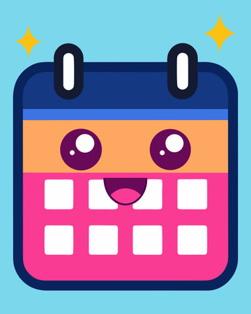 A creative digital illustration depicting Clean vector promotional graphic of calendar with event markers, flat design style vibrant and bold composition centered, negative space for details, flat lighting professional finish, organized and f. This AI-generated artwork features unique visual elements suitable for various commercial and editorial applications. AI-generated illustration.のイラスト素材