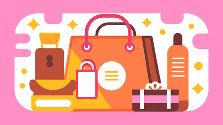 Bold flat vector design featuring dynamic colors and glossy highlights to evoke indulgent luxury shopping vibes. Perfect for retail , e-banners, fashion campaigns, and promotional materials targeting affluent consumers and brands. Clean centered layout with strategic negative space ensures adaptability for logos and text overlays in versat. AI-generated vector illustration. AI-generated illustration.のイラスト素材