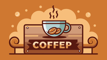 A creative digital illustration depicting Flat vector coffee shop sign steaming, bold composition negative space street, warm browns vapors, inviting aroma lighting effect, cozy urban mood, advertising stock.. This AI-generated artwork features unique visual elements suitable for various commercial and editorial applications. AI-generated illustration.のイラスト素材