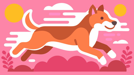 Energetic flat design vector artwork with bold centered composition, ample negative space, and precise clean lines for a modern graphic appeal. Warm fur hues combined with dynamic motion lighting evoke a joyful, loyal, and fun mood suitable for versatile applications. Ideal for pet brand logos, children's educational materials, posters,. AI-generated vector illustration. AI-generated illustration.のイラスト素材