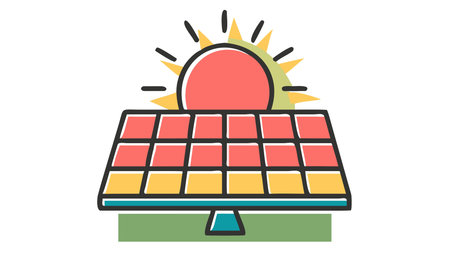 A creative digital illustration depicting Clean vector art solar panel absorbing sun rays, centered...