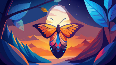 Clean flat design artwork embodying transformative metamorphosis with bold vibrant purples and oranges, minimalist negative space, and dawn lighting for an uplifting elegant mood. Perfect for applications like motivational posters, educational graphics, nature-themed branding, wallpapers, and digital media in design, wellness, and publishing indu. AI-generated vector illustration. AI-generated illustration.のイラスト素材