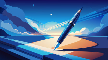 Sleek vector artwork featuring bold ink blues and fluid flat lighting to inspire a productive, creative mood. Ideal for graphic design templates, office productivity campaigns, stationery branding, and visuals requiring ample negative space for customization. Modern flat style suits digital media, websites, and print applications targeting professio. AI-generated vector illustration. AI-generated illustration.のイラスト素材