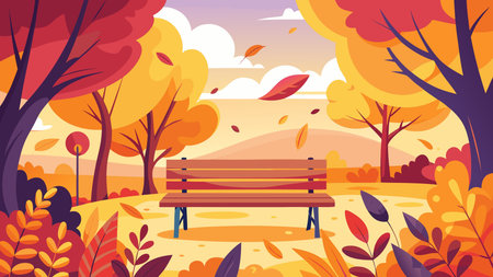 Vibrant flat vector style artwork evoking a cozy seasonal mood through bold centered compositions and swirling negative space. Golden foliage lighting creates an inviting warm atmosphere, ideal for autumn-themed designs. Perfect for applications in seasonal , promotional materials, stationery, greeting cards, and digital media targeting . AI-generated vector illustration. AI-generated illustration.のイラスト素材