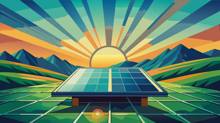A creative digital illustration depicting Flat vector art of solar panel with sun rays, modern bold composition centered panel, vibrant green energy tones, direct sunlight lighting, sustainable and eco-friendly mood.. This AI-generated artwork features unique visual elements suitable for various commercial and editorial applications. AI-generated illustration.のイラスト素材