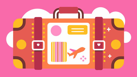 A creative digital illustration depicting Vibrant flat art of suitcase ready for travel, clean modern composition bold and centered, luggage tags details, airport ambient lighting, excited and wanderlust mood.. This AI-generated artwork features unique visual elements suitable for various commercial and editorial applications. AI-generated illustration.のイラスト素材
