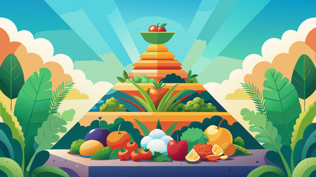 Dynamic flat design vector artwork featuring bold geometric composition, vibrant hues, and clean modern lines that convey freshness and vitality. Perfect for uses in health food branding, nutritional , wellness apps, recipe books, and organic grocery promotions targeting health-conscious consumers. Ample negative space and natural lighting. AI-generated vector illustration. AI-generated illustration.のイラスト素材