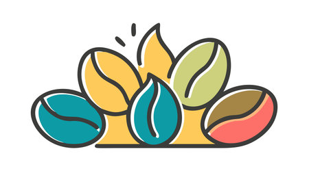 A creative digital illustration depicting Modern clean vector of coffee beans roasting, flat design bold centered pile, warm brown tones, heat glow lighting, aromatic and energizing mood, stock graphic.. This AI-generated artwork features unique visual elements suitable for various commercial and editorial applications. AI-generated illustration.のイラスト素材