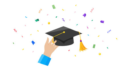 Clean modern vector illustration evoking celebratory triumph with flat multicolored lighting, strong central focus, and expansive negative space sky for dynamic composition. Ideal for uses including graduation announcements, educational posters, achievement certificates, success campaigns, and motivational graphics. Targets students, schools, unive. AI-generated vector illustration. AI-generated illustration.のイラスト素材