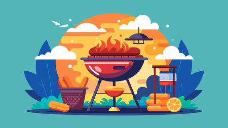 Vibrant bold vector in flat clean graphic design, featuring smoky flavorful lighting and dynamic flame negative space to evoke a lively social gathering mood. Ideal for applications like promotional posters, restaurant menus, event invitations, and social media graphics in food, hospitality, and lifestyle sectors. Its professional, energetic aesthe. AI-generated vector illustration. AI-generated illustration.のイラスト素材