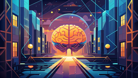 Contemporary flat vector modern art style with bold centered composition, negative space utilization, and electric pulse lighting to convey an intelligent futuristic mood. Ideal for in AI and technology sectors, digital presentations, innovation graphics, and tech materials targeting business professionals and developers. Vers. AI-generated digital illustration. AI-generated vector illustration. AI-generated illustration.のイラスト素材