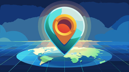 Vibrant flat vector artwork employing negative space and glowing accents to convey exploration and precision in navigation themes. Perfect for UI/UX designs in GPS apps, travel platforms, location services, and promotional materials targeting tech-savvy audiences. Scalable and versatile for print and digital media, enhancing projects with modern ap. AI-generated vector illustration. AI-generated illustration.のイラスト素材