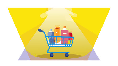 Energetic flat vector artwork with bold centered composition, bright retail hues, spotlight effects, and ample negative space for dynamic visual flow. Captures an upbeat, consumer-engaging atmosphere perfect for e-banners, retail ads, shopping app icons, promotional flyers, and store signage. Versatile design suits teams and businesses boos. AI-generated vector illustration. AI-generated illustration.のイラスト素材