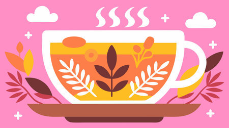 A creative digital illustration depicting Clean vector steaming tea cup with herbs, vibrant flat design centered saucer negative space, green soothing lighting, relaxing and herbal mood, modern graphic.. This AI-generated artwork features unique visual elements suitable for various commercial and editorial applications. AI-generated illustration.のイラスト素材