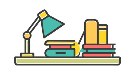 Clean vector illustration in flat design style with bold centered glow and generous negative space, evoking a warm yellow lighting atmosphere of studious focus and productivity. Ideal for graphics, educational materials, office-themed visuals, and motivational designs targeting designers, marketers, and educators. Its minimalist composition offers. AI-generated vector illustration. AI-generated illustration.のイラスト素材