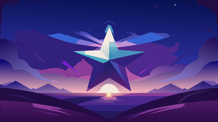 Flat vector artwork featuring vibrant purple tones, clean lines, and twinkling flat lighting to evoke a dreamy cosmic mood with minimalist centered composition and generous negative space. This stylish design excels in modern aesthetics, perfect for applications like astronomy posters, space-themed apparel, digital wallpapers, website backgrounds, . AI-generated vector illustration. AI-generated illustration.のイラスト素材