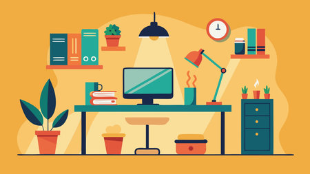 Sleek flat vector artwork in modern graphic style, utilizing centered composition and negative space for a clean, balanced look. Warm lamp lighting infuses a productive, organized mood ideal for inspiring remote work visuals. Perfect for applications in business graphics, collateral, web banners, productivity apps, and design templates ta. AI-generated vector illustration. AI-generated illustration.のイラスト素材