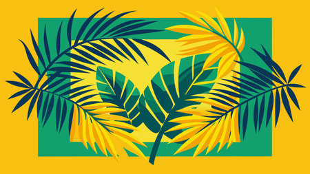 Clean flat vector style with minimalist lines, bold centered framing, generous negative space, and sunny yellow accents creating a vibrant, relaxed tropical mood. Perfect for applications in summer promotions, travel graphics, beachwear patterns, website elements, and lifestyle branding for hospitality and tourism sectors. Scalable and versatile fo. AI-generated vector illustration. AI-generated illustration.のイラスト素材
