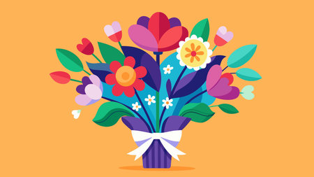 Contemporary flat illustration in style featuring bold, centered floral elements with vibrant multicolors, negative space vase, and soft flat lighting for a romantic, fresh mood. Ideal for uses like greeting cards, wedding invitations, promotional graphics, lifestyle branding, and digital campaigns targeting creative industrie. AI-generated digital illustration. AI-generated vector illustration. AI-generated illustration.のイラスト素材