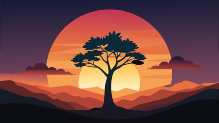 Silhouette of a tree in the mountains. Sunset. Vector illustrationのイラスト素材