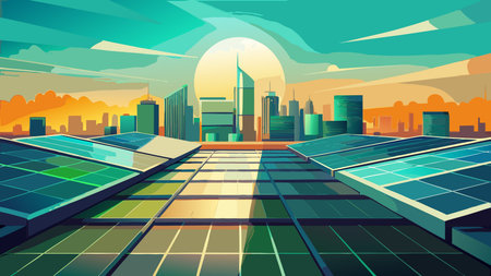 A creative digital illustration depicting Modern clean vector art of solar panels on rooftop, centered array with sunny skyline negative space, vibrant green energy tones, direct sunlight lighting, renewable power sustainability mood.. This AI-generated artwork features unique visual elements suitable for various commercial and editorial applications. AI-generated illustration.のイラスト素材