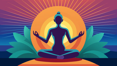A creative digital illustration depicting Centered composition of a yoga pose silhouette in negative space, bold vector illustration, flat vector art, calm serene lighting with gradients, peaceful meditative mood, vibrant clean design.. This AI-generated artwork features unique visual elements suitable for various commercial and editorial applications. AI-generated illustration.のイラスト素材