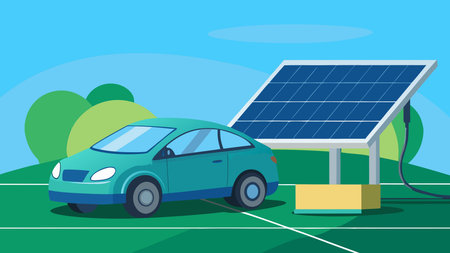 Clean vector style with vibrant greens and blues in flat design, featuring bold centered composition and negative space for a sustainable modern mood. Ideal for high-end graphics, eco-campaigns, renewable energy promotions, and environmental materials. Versatile for automotive industry visuals, green tech branding, and sustainability-foc. AI-generated vector illustration. AI-generated illustration.のイラスト素材