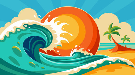 Bold vector design showcasing energetic composition with central foam highlights and sandy negative space, bathed in bright tropical sunlight for a vibrant, refreshing summery vibe. Ideal for applications in summer , beach resort branding, travel brochures, and lifestyle promotions targeting tourism and fashion industries. Versatile artw. AI-generated vector illustration. AI-generated illustration.のイラスト素材