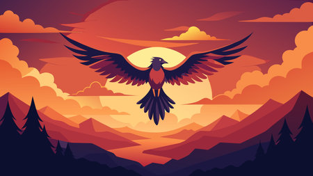 Clean vector illustration in flat bold style with centered expansive wingspan silhouette, vibrant sunset hues blending into negative space clouds and dynamic motion lighting trails. Evokes free-spirited nature freedom mood through minimalist composition and energetic flow. Ideal for applications like motivational posters, travel branding, apparel g. AI-generated vector illustration. AI-generated illustration.のイラスト素材
