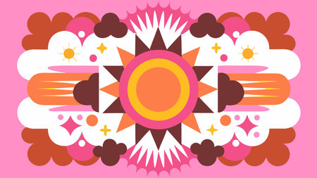 Vector illustration of sun and clouds on pink background. Flat design.のイラスト素材