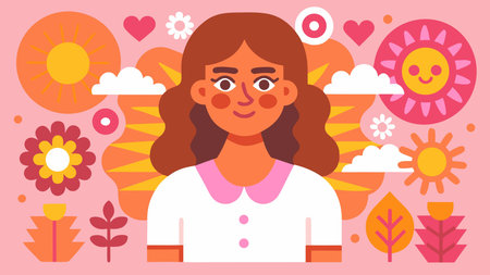 Vector illustration of a girl with red lips on a pink background with flowers and sun.のイラスト素材