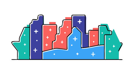 Bold flat vector artwork employing vibrant hues, neon lighting effects, and negative space for a futuristic urban vibe. Suited for branding in tech, nightlife promotions, app designs, posters, and digital banners appealing to modern audiences in and entertainment industries. Scalable and versatile for high-impact visuals in print or web media. . AI-generated vector illustration. AI-generated illustration.のイラスト素材