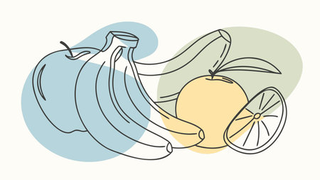 A creative digital illustration depicting Vector illustration of fresh fruits including apple, banana and orange in realistic details, grouped composition, soft highlight lighting, clean vector style, fresh and appetizing mood, isolated stock. This AI-generated artwork features unique visual elements suitable for various commercial and editorial applications. AI-generated illustration.のイラスト素材