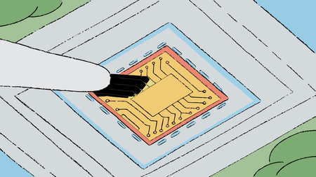 A creative digital illustration depicting Quantum computer chip with embedded circuit trees, macro...
