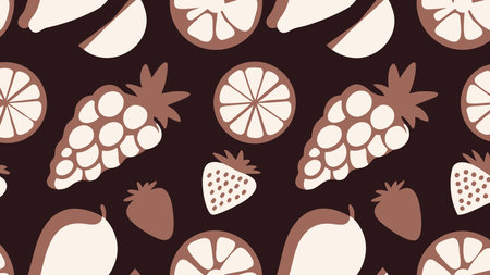A creative digital illustration depicting Vector line fruits  pattern of grapes, strawberries,...
