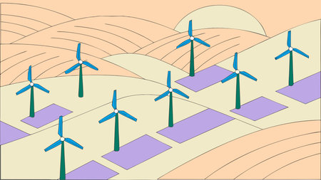 A creative digital illustration depicting 3D isometric vector of a wind turbine farm on rolling...