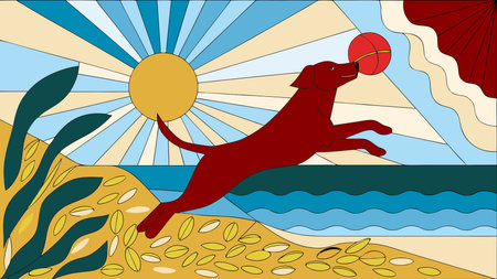 Bold vector illustration radiating dynamic energy and joyful enthusiasm through clean lines and vibrant hues. Ideal for pet care branding, outdoor recreation ads, dog training visuals, and playful merchandise designs appealing to animal enthusiasts and families. Its vertical composition and sunny vibrancy suit posters, websites, and social media graphics. . AI-generated vector illustration. AI-generated illustration.のイラスト素材