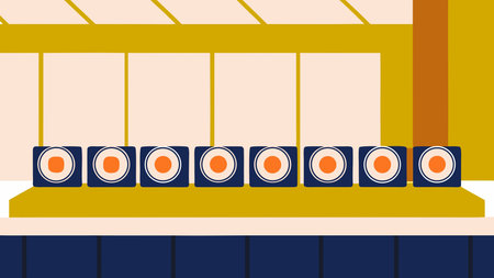 A creative digital illustration depicting Minimalist line art vector of sushi rolls, horizontal row composition, faint shadow layers simulating dim restaurant lighting, zen Japanese style, fresh and savory mood, professional stock asset.. This AI-generated artwork features unique visual elements suitable for various commercial and editorial applications. AI-generated illustration.のイラスト素材