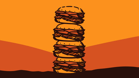 Minimalist single-line vector artwork with vertical layered structure, bold outlines, subtle fills, and warm restaurant lighting to evoke an indulgent, appetizing mood. Perfect for restaurant menus, fast food packaging, promotional flyers, graphics, and culinary websites targeting food enthusiasts and hospitality businesses. Clean, scalable design. AI-generated vector illustration. AI-generated illustration.のイラスト素材