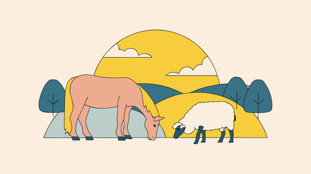 Minimalist line vector design evoking serene pastoral tranquility with golden hour warmth and peaceful farm ambiance. Ideal for agricultural branding, rural materials, educational posters, children's books, and farm-themed merchandise. Clean scalable format perfect for versatile print and digital applications. . AI-generated digital illustration. AI-generated vector illustration. AI-generated illustration.のイラスト素材