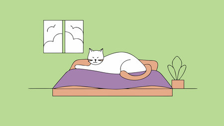 Minimalist line art vector design with soft, flowing fur lines and relaxed horizontal composition, evoking a lazy, serene mood. Perfect for uses in pet product branding, cozy home decor prints, wellness merchandise, and digital graphics for social media. Its clean, expressive style suits designers targeting animal lovers and minimalist aesthetics. . AI-generated vector illustration. AI-generated illustration.のイラスト素材