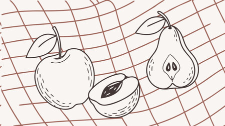 Minimalist thin-line vector artwork arranged in a precise grid composition with even studio lighting, creating a harmonious and wholesome atmosphere. Ideal for applications in food packaging, health and wellness branding, recipe illustrations, and digital UI elements. The clean, scalable design appeals to graphic designers seeking versatile, profes. AI-generated vector illustration. AI-generated illustration.のイラスト素材