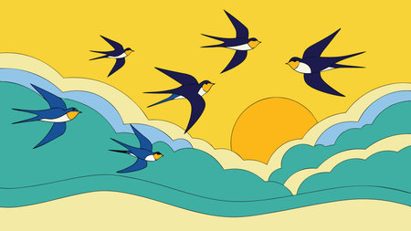 Elegant vector artwork depicting fluid, wavy flight paths of birds against a soft dawn sky gradient and horizon line. Atmospheric tones convey a poetic migratory journey, blending motion and serenity in minimalist composition. Ideal for environmental designs, travel branding, wildlife posters, nature apps, and motivational graphics in publishing or . . AI-generated vector illustration. AI-generated illustration.のイラスト素材